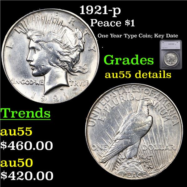 1921-p Peace Dollar $1 Graded au55 details BY SEGS