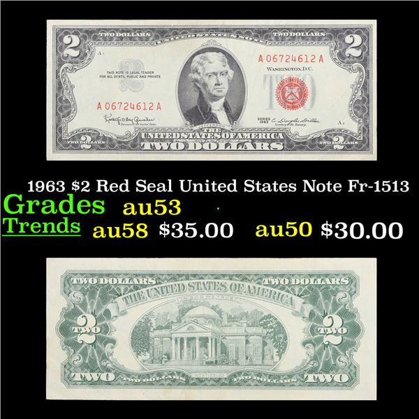 1963 $2 Red Seal United States Note Fr-1513 Grades Select AU