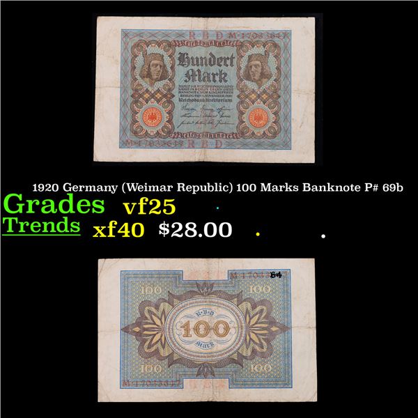 1920 Germany (Weimar Republic) 100 Marks Banknote P# 69b Grades vf+