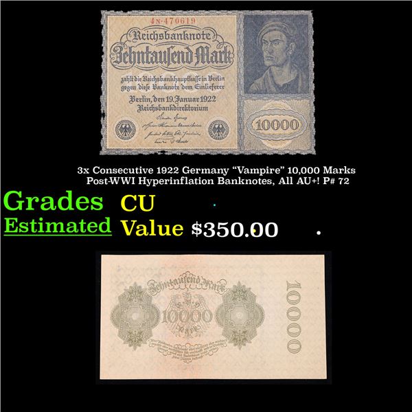 3x Consecutive 1922 Germany "Vampire" 10,000 Marks Post-WWI Hyperinflation Banknotes, All AU+! P# 72