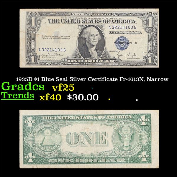 1935D $1 Blue Seal Silver Certificate Fr-1613N, Narrow Grades vf+