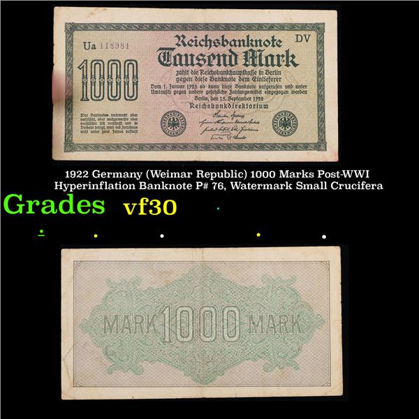 1922 Germany (Weimar Republic) 1000 Marks Post-WWI Hyperinflation Banknote P# 76, Watermark Small Cr