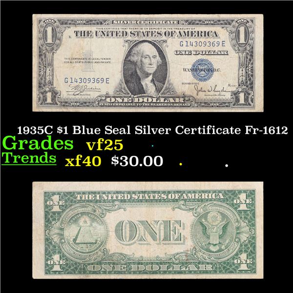 1935C $1 Blue Seal Silver Certificate Fr-1612 Grades vf+