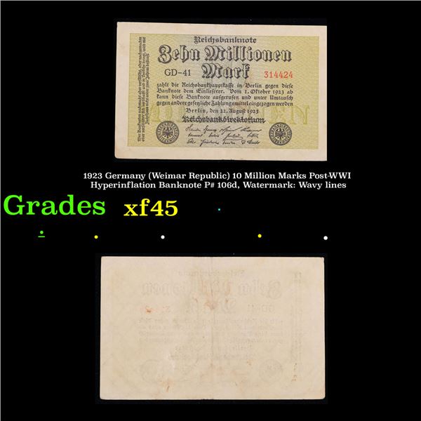1923 Germany (Weimar Republic) 10 Million Marks Post-WWI Hyperinflation Banknote P# 106d, Watermark: