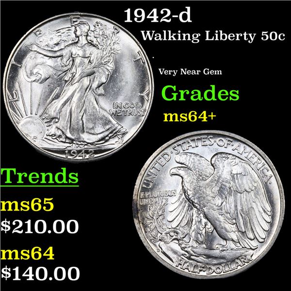 1942-d Walking Liberty Half Dollar 50c Grades Choice+ Unc