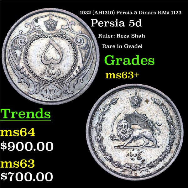 ***Auction Highlight*** 1932 (AH1310) Persia 5 Dinars KM# 1123 Grades Select+ Unc (fc)