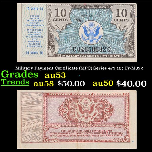 Military Payment Certificate (MPC) Series 472 10c Fr-M822 Grades Select AU