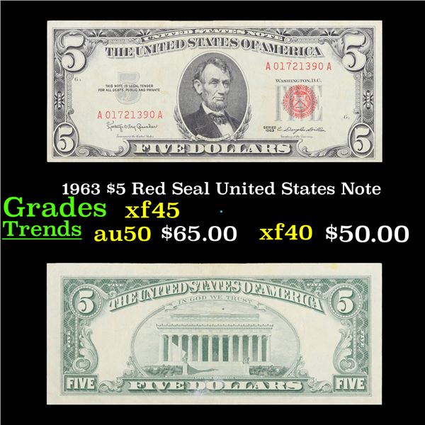 1963 $5 Red Seal United States Note Grades xf+