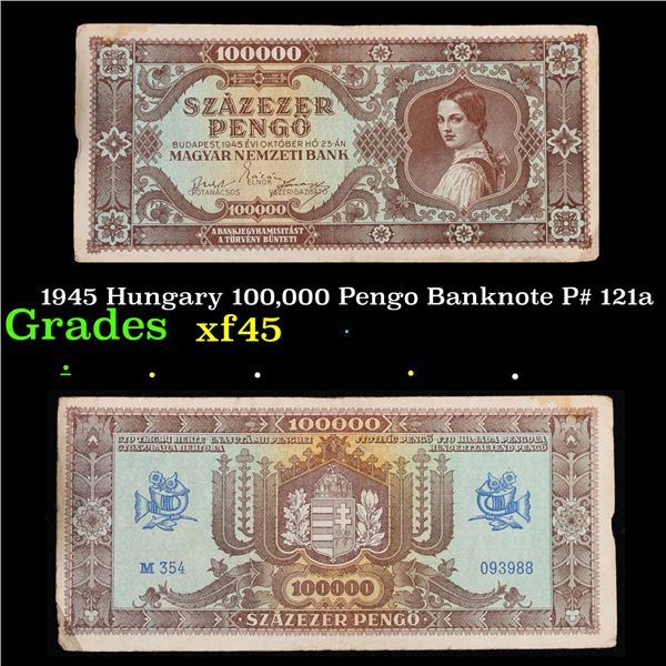 1945 Hungary 100,000 Pengo Banknote P# 121a Grades xf+