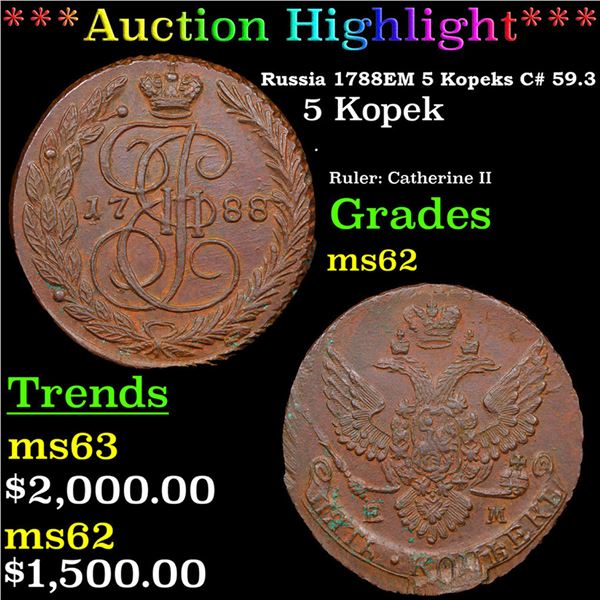 ***Auction Highlight*** Russia 1788?? 5 Kopeks C# 59.3 Grades Select Unc (fc)