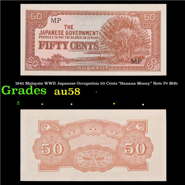 1942 Malaysia WWII Japanese Occupation 50 Cents "Banana Money" Note P# M4b Grades Choice AU/BU Slide