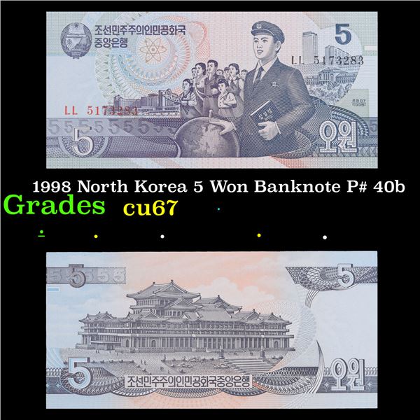 1998 North Korea 5 Won Banknote P# 40b Grades Gem++ CU