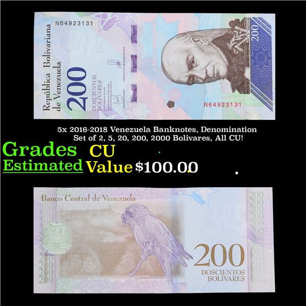5x 2016-2018 Venezuela Banknotes, Denomination Set of 2, 5, 20, 200, 2000 Bolivares, All CU! Grades 
