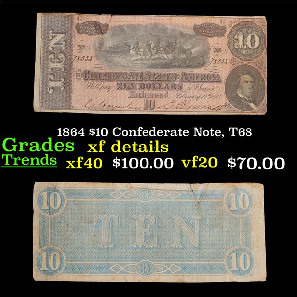 1864 $10 Confederate Note, T68 Grades xf details