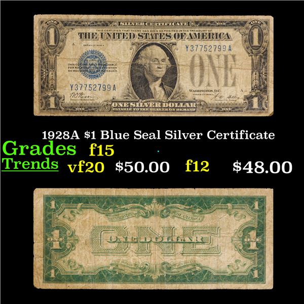 1928A $1 Blue Seal Silver Certificate Grades f+