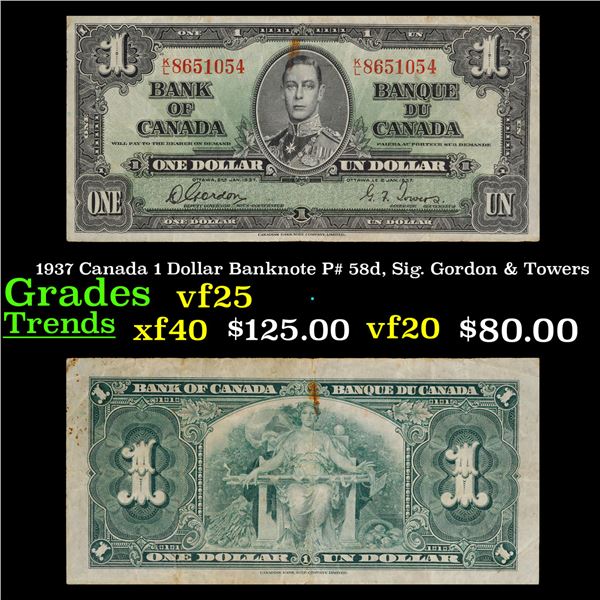 1937 Canada 1 Dollar Banknote P# 58d, Sig. Gordon & Towers Grades vf+