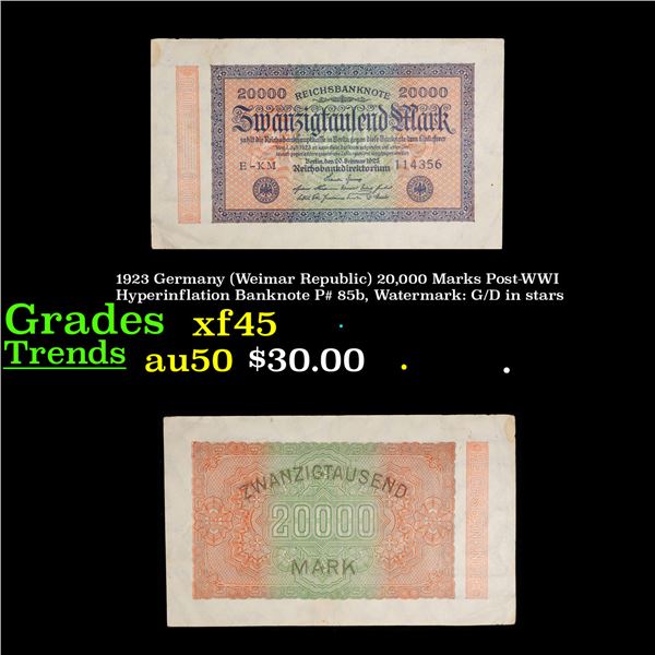 1923 Germany (Weimar Republic) 20,000 Marks Post-WWI Hyperinflation Banknote P# 85b, Watermark: G/D 