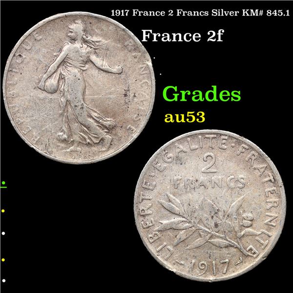 1917 France 2 Francs Silver KM# 845.1 Grades Select AU