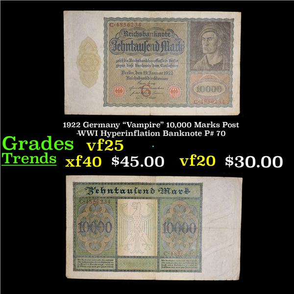 1922 Germany "Vampire" 10,000 Marks Post-WWI Hyperinflation Banknote P# 70 Grades vf+