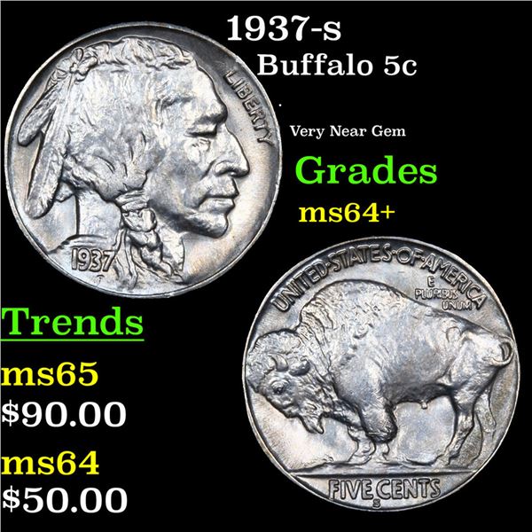 1937-s Buffalo Nickel 5c Grades Choice+ Unc