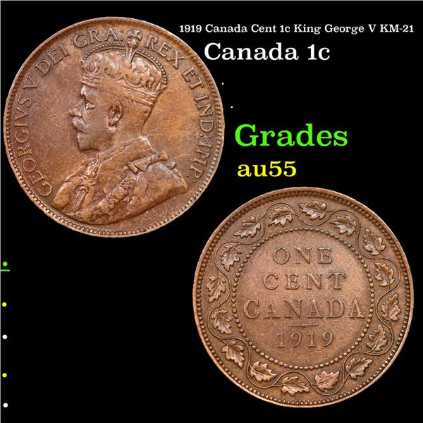 1919 Canada Cent 1c King George V KM-21 Grades Choice AU