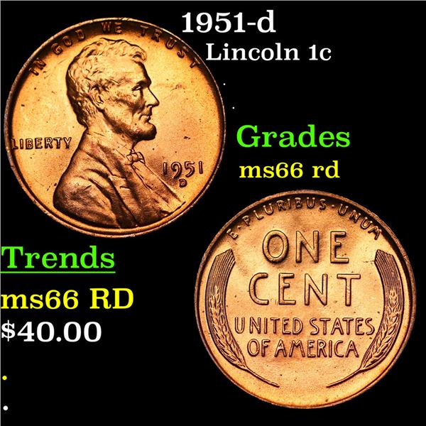 1951-d Lincoln Cent 1c Grades GEM+ Unc RD