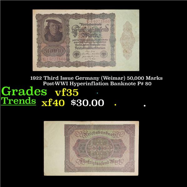 1922 Third Issue Germany (Weimar) 50,000 Marks Post-WWI Hyperinflation Banknote P# 80 Grades vf++