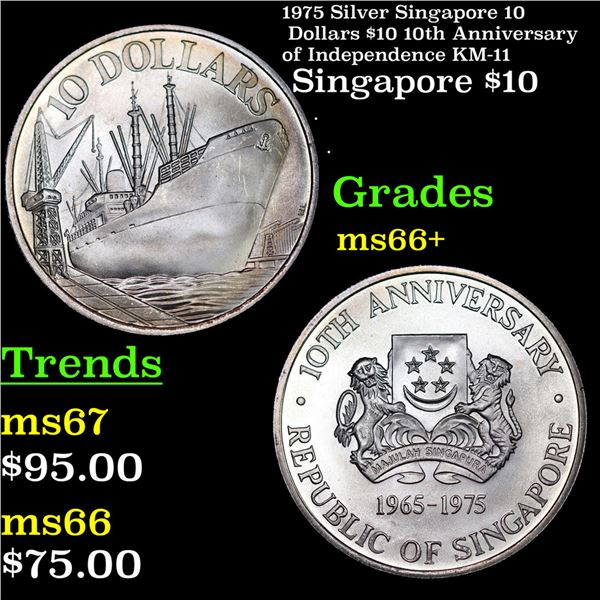 1975 Silver Singapore 10 Dollars $10 10th Anniversary of Independence KM-11 Grades GEM++ Unc