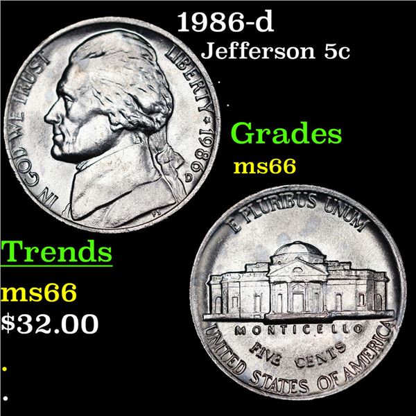 1986-d Jefferson Nickel 5c Grades GEM+ Unc