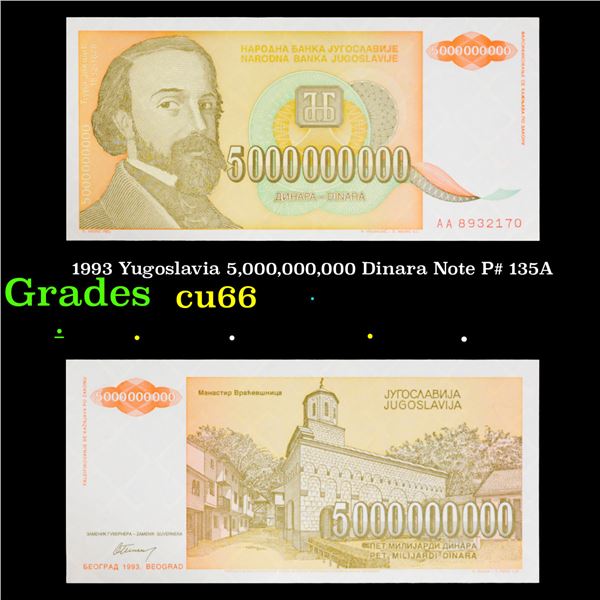 1993 Yugoslavia 5,000,000,000 Dinara Note P# 135A Grades Gem+ CU
