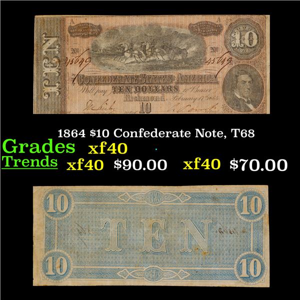 1864 $10 Confederate Note, T68 Grades xf