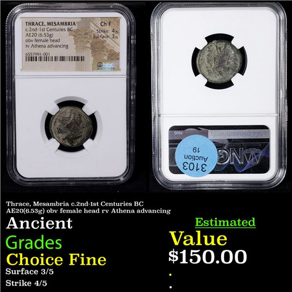 NGC Thrace, Mesambria c.2nd-1st Centuries BC AE20(6.53g) obv female head rv Athena advancing Graded 