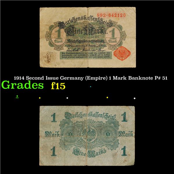 1914 Second Issue Germany (Empire) 1 Mark Banknote P# 51 Grades f+