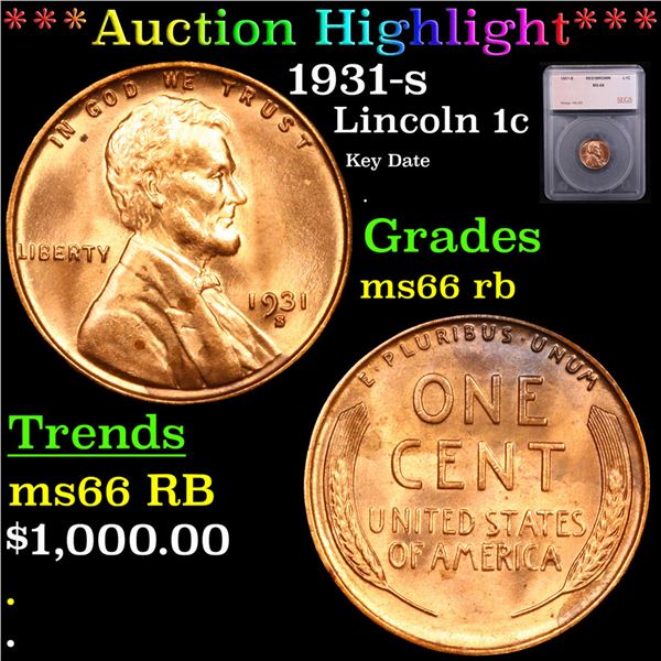 ***Auction Highlight*** 1931-s Lincoln Cent 1c Graded ms66 rb BY SEGS (fc)