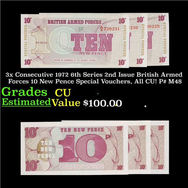 3x Consecutive 1972 6th Series 2nd Issue British Armed Forces 10 New Pence Special Vouchers, All CU!