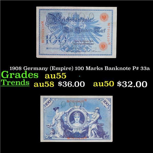 1908 Germany (Empire) 100 Marks Banknote P# 33a Grades Choice AU