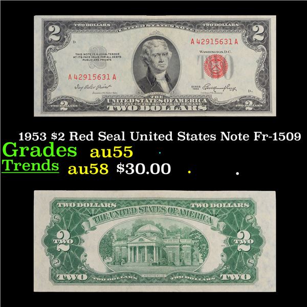 1953 $2 Red Seal United States Note Fr-1509 Grades Choice AU