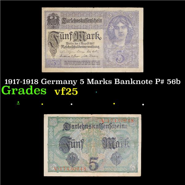 1917-1918 Germany 5 Marks Banknote P# 56b Grades vf+