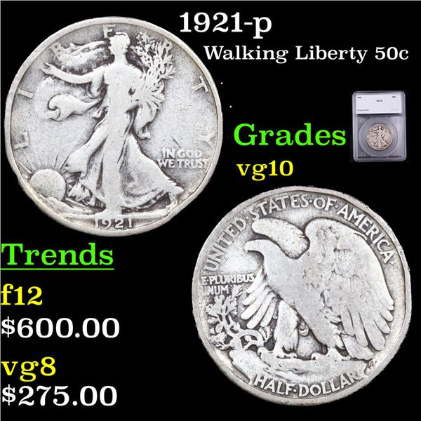 1921-p Walking Liberty Half Dollar 50c Graded vg10 BY SEGS