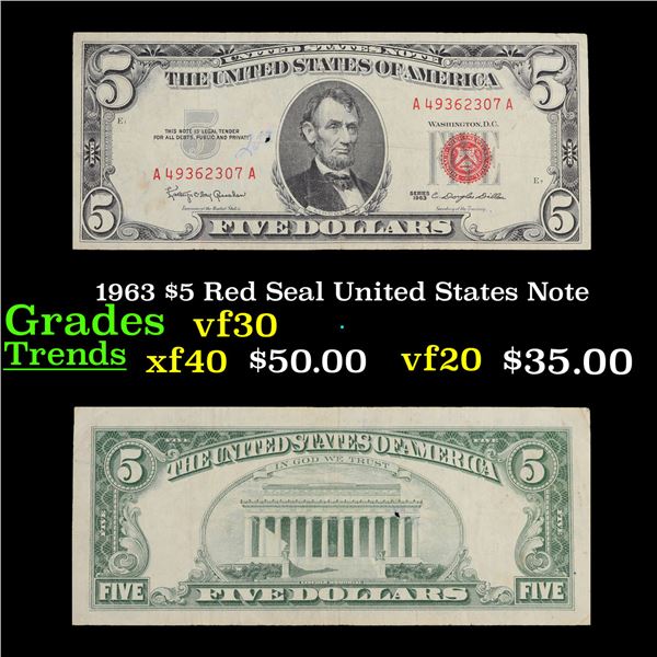 1963 $5 Red Seal United States Note Grades vf++