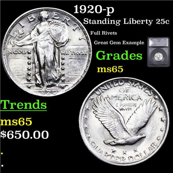 1920-p Standing Liberty Quarter 25c Graded ms65 BY SEGS