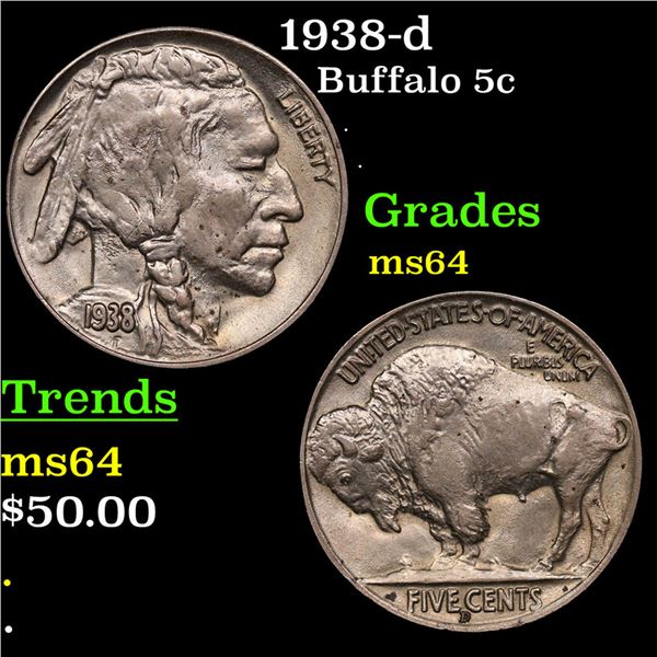 1938-d Buffalo Nickel 5c Grades Choice Unc