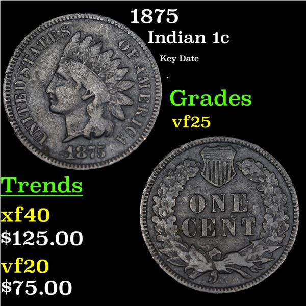 1875 Indian Cent 1c Grades vf+