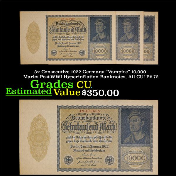 3x Consecutive 1922 Germany "Vampire" 10,000 Marks Post-WWI Hyperinflation Banknotes, All CU! P# 72 