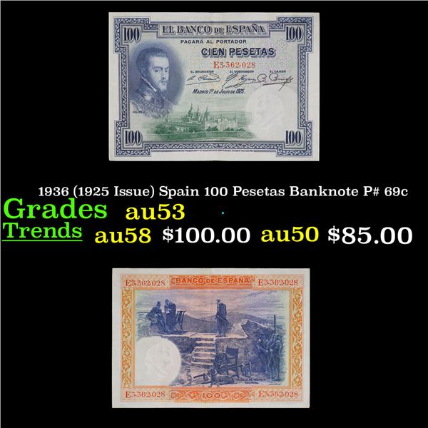 1936 (1925 Issue) Spain 100 Pesetas Banknote P# 69c Grades Select AU