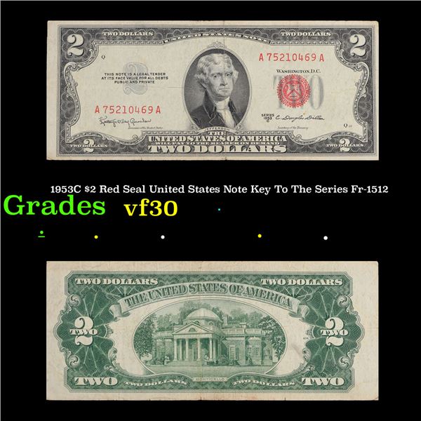 1953C $2 Red Seal United States Note Key To The Series Fr-1512 Grades vf++