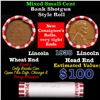 Image 1 : Mixed small cents 1c orig shotgun roll, 1938-p Lincoln Cent, Wheat Cent other end, Brinks Wrapper.
