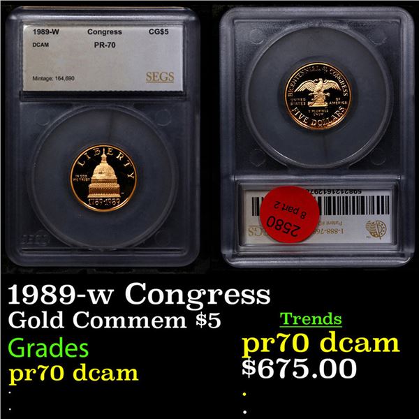 Proof 1989-w Congress Gold Commemorative $5 Graded pr70 dcam By SEGS