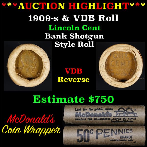 ***Auction Highlight*** Lincoln Wheat cent 1c orig Brandt McDonalds roll, 1909-s end, VDB other end 