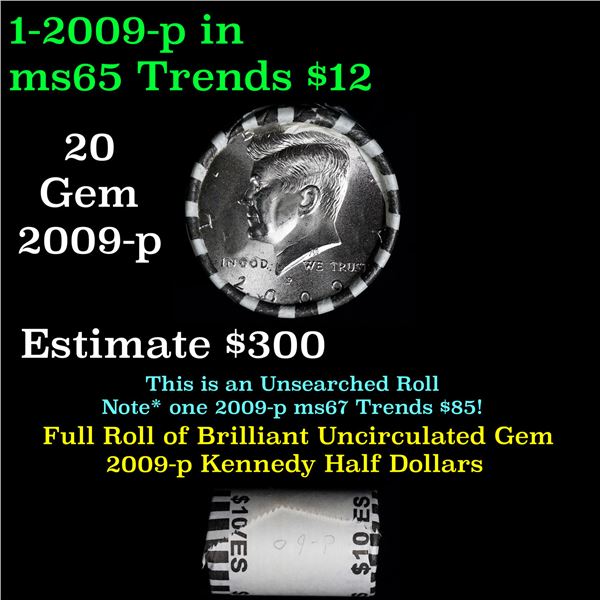 Full Roll of 2009-p Kennedy Half Dollar 50c in Original Dunbar Bank Wrapper. 20 coins in total.